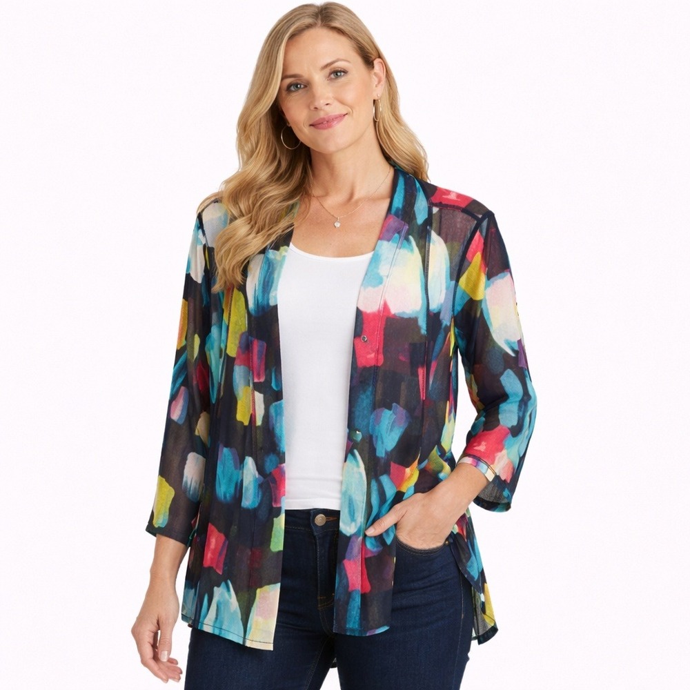 Multiples Sheer Abstract Print Open Front Cardigan Lightweight Layer Size PM‎